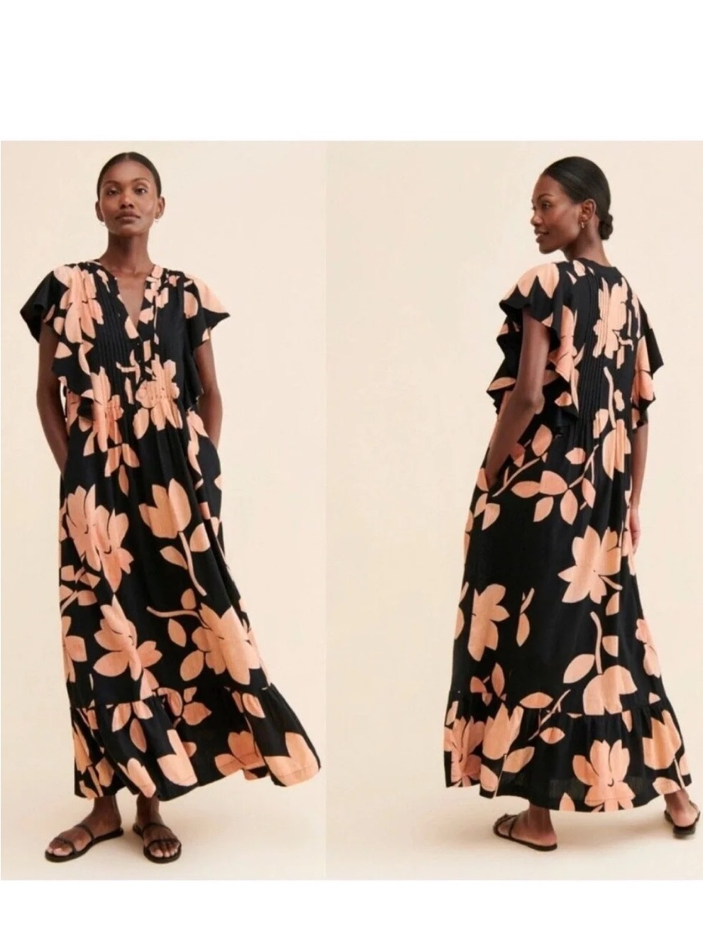 Anthropologie Maeve CassandraFlounce Floral Maxi Dress Size 2X Black Peach Boho